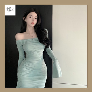 (Sẵn) Váy ôm/ đầm body trễ vai cắt xẻ lưng tay dài SC0003