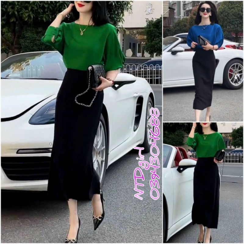 Hàng nhập - Set bộ nữ áo kèm chân váy ôm dài, sét đồ thời trang tay lỡ cổ thuyền xinh xắn