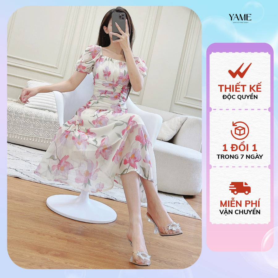 Váy hoa cổ vuông nhún eo tay bồng Yv179 YAME
