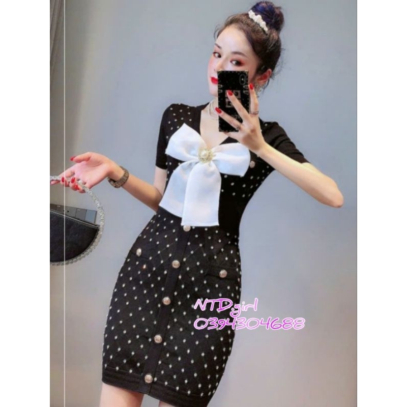 Hàng nhập - Đầm len ôm đính đá kết nơ ngực, váy body tay ngắn cổ V cài nút