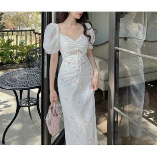 đầm midi hoa tay phồng nhẹ nhàng tinh tế như một nàng thơ