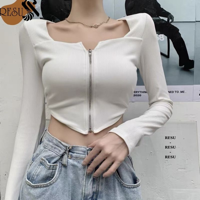 Áo Croptop Tay Dài Khoá Kéo Nữ Ryso Store Ôm Body Chất Tốt, Áo Thun gân kiểu nữ crt dài tay mặc đẹp chất co giản Resu