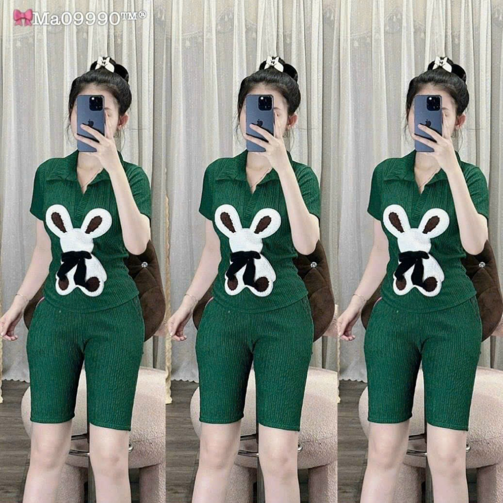[7.7 Sales Freeship] Set bộ thun ngố cute, set thun xốp áo tay ngắn cổ bẻ in thỏ mix quần lửng ngố mặc thoải mái mtb