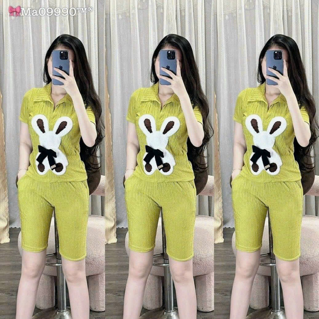 [7.7 Sales Freeship] Set bộ thun ngố cute, set thun xốp áo tay ngắn cổ bẻ in thỏ mix quần lửng ngố mặc thoải mái mtb