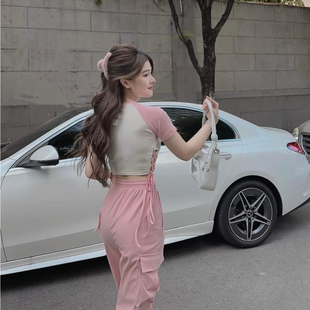 [7.7 Sales Freeship] Set áo thun croptop rút dây eo mix quần dài ống rộng túi hộp, bộ hottrend quần dài cá tính mtb