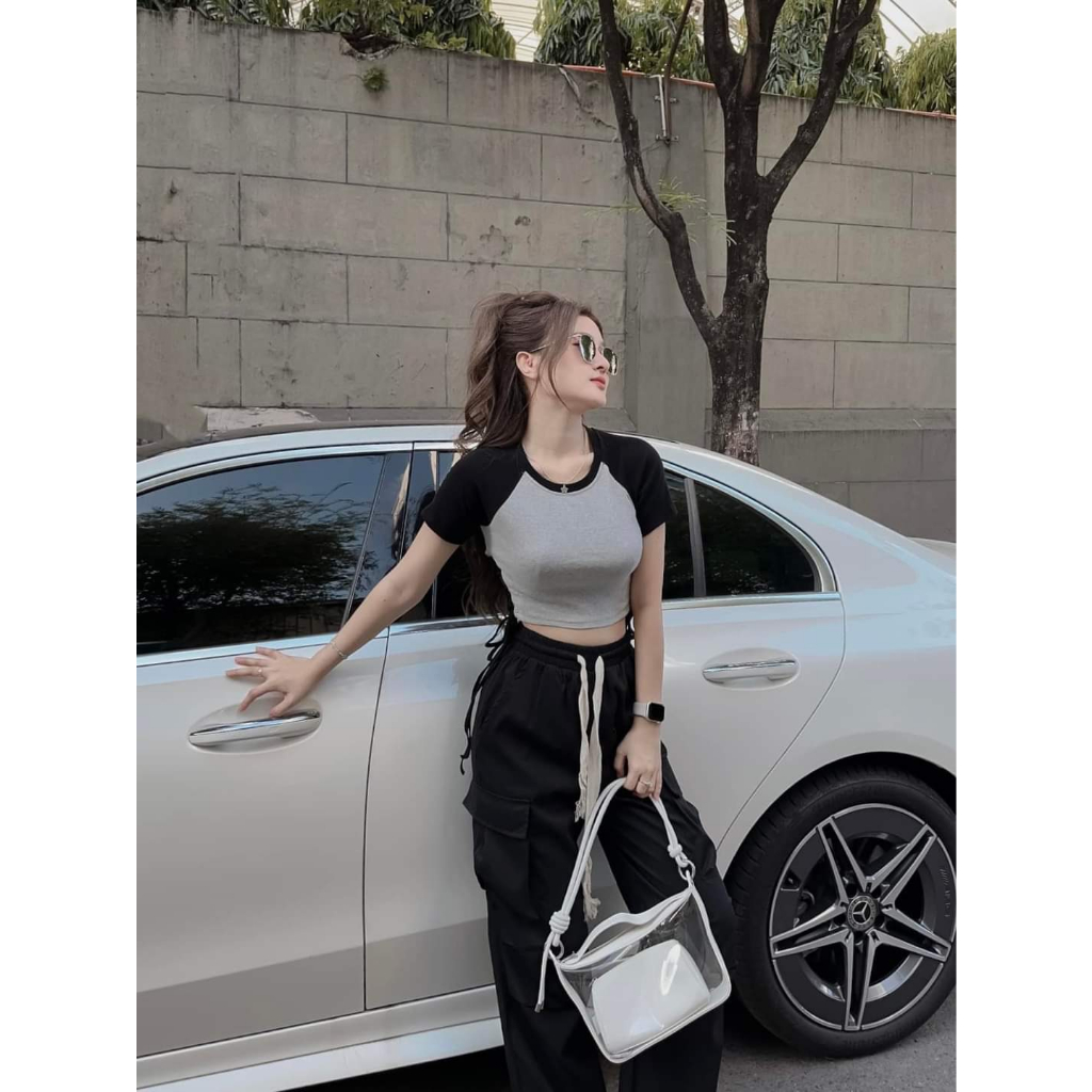 [7.7 Sales Freeship] Set áo thun croptop rút dây eo mix quần dài ống rộng túi hộp, bộ hottrend quần dài cá tính mtb