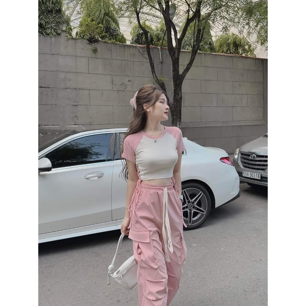[7.7 Sales Freeship] Set áo thun croptop rút dây eo mix quần dài ống rộng túi hộp, bộ hottrend quần dài cá tính mtb