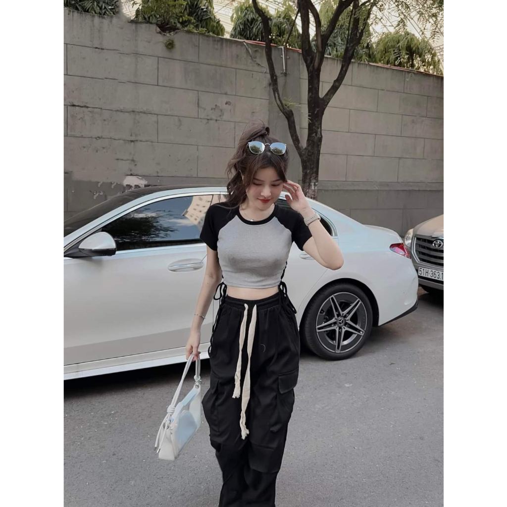 [7.7 Sales Freeship] Set áo thun croptop rút dây eo mix quần dài ống rộng túi hộp, bộ hottrend quần dài cá tính mtb