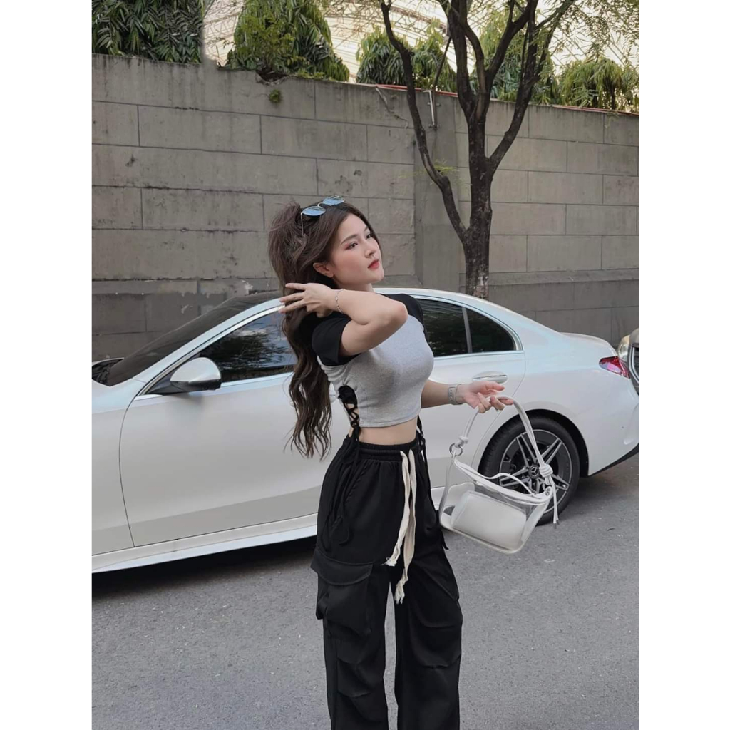 [7.7 Sales Freeship] Set áo thun croptop rút dây eo mix quần dài ống rộng túi hộp, bộ hottrend quần dài cá tính mtb