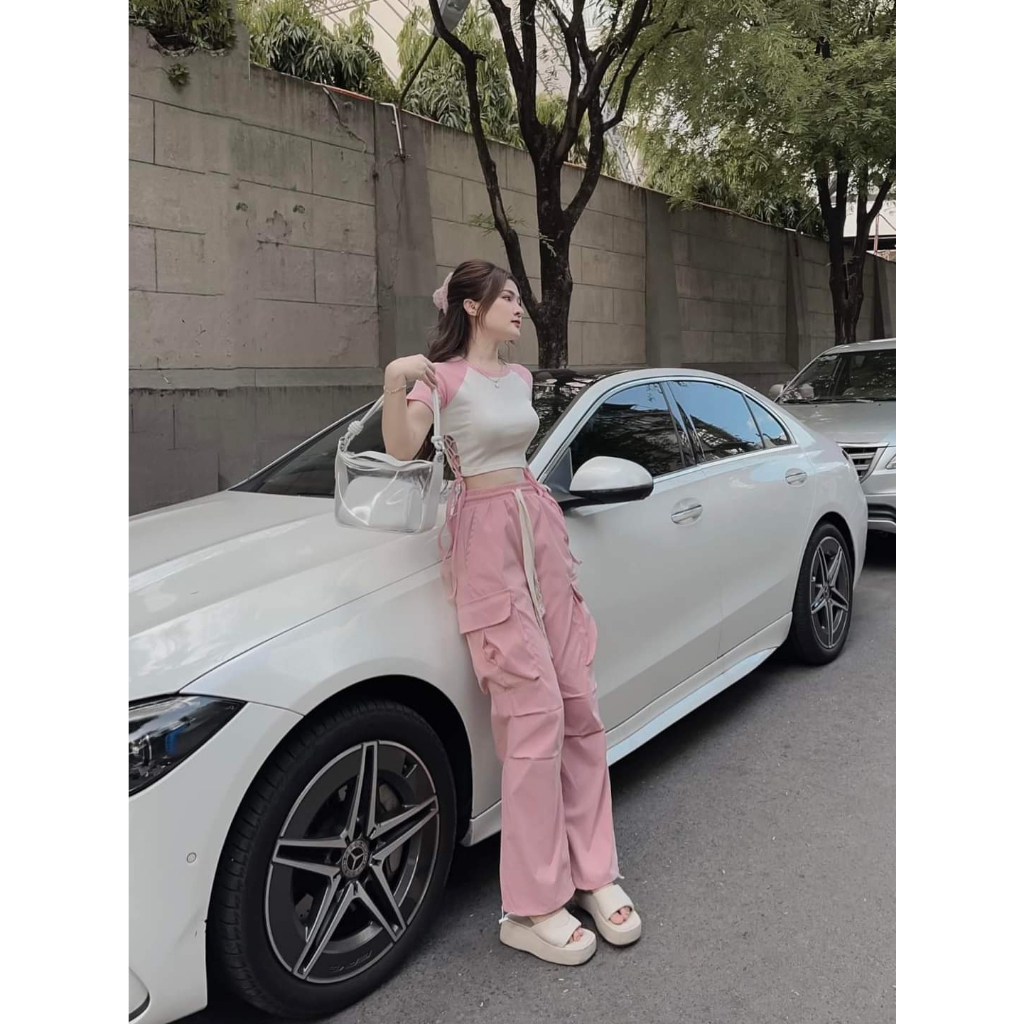 [7.7 Sales Freeship] Set áo thun croptop rút dây eo mix quần dài ống rộng túi hộp, bộ hottrend quần dài cá tính mtb