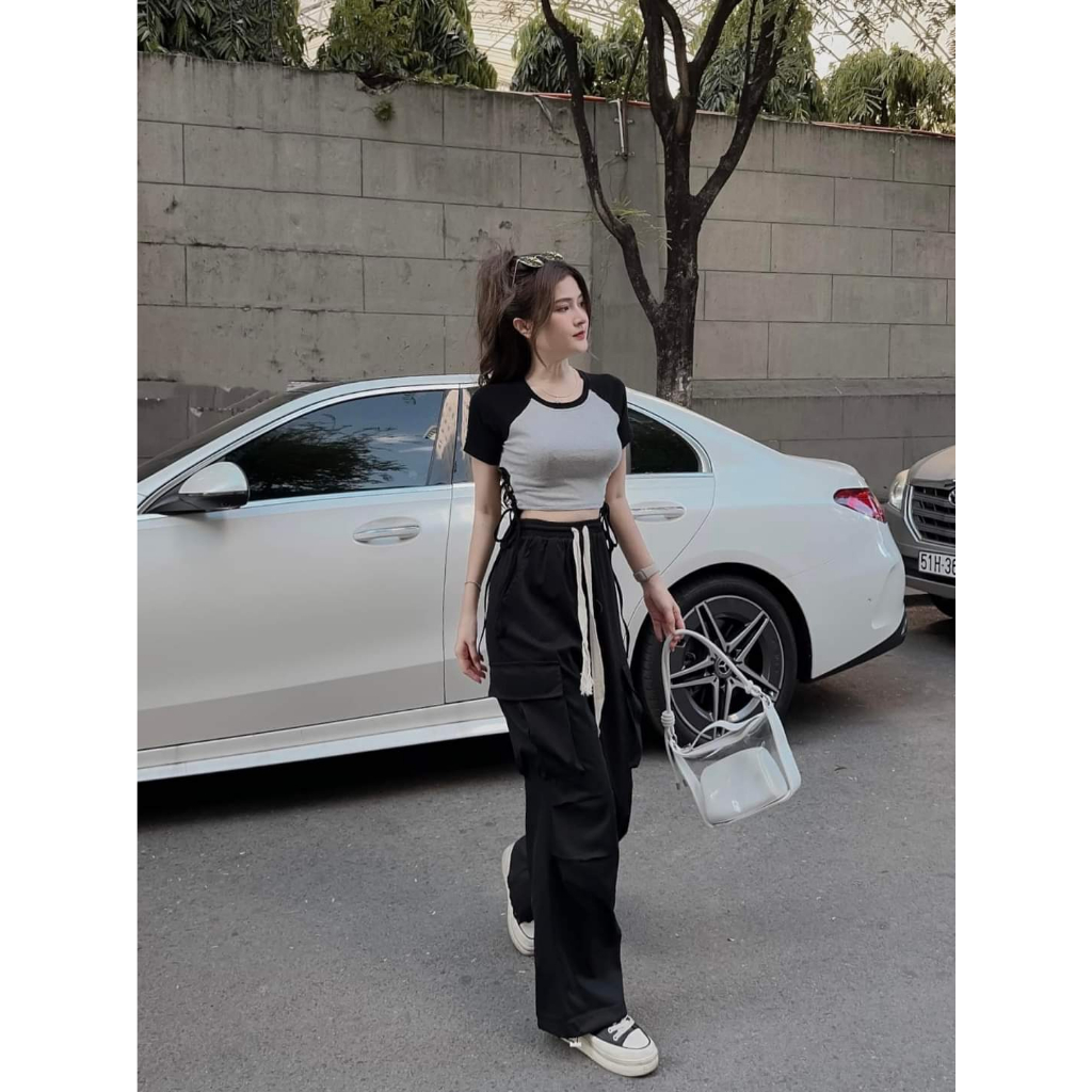 [7.7 Sales Freeship] Set áo thun croptop rút dây eo mix quần dài ống rộng túi hộp, bộ hottrend quần dài cá tính mtb