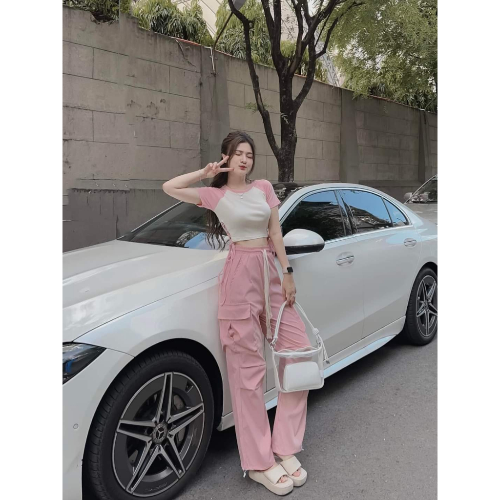 [7.7 Sales Freeship] Set áo thun croptop rút dây eo mix quần dài ống rộng túi hộp, bộ hottrend quần dài cá tính mtb