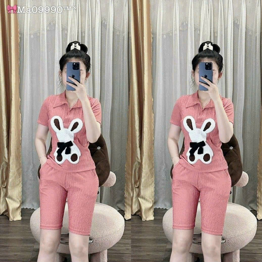 [7.7 Sales Freeship] Set bộ thun ngố cute, set thun xốp áo tay ngắn cổ bẻ in thỏ mix quần lửng ngố mặc thoải mái mtb