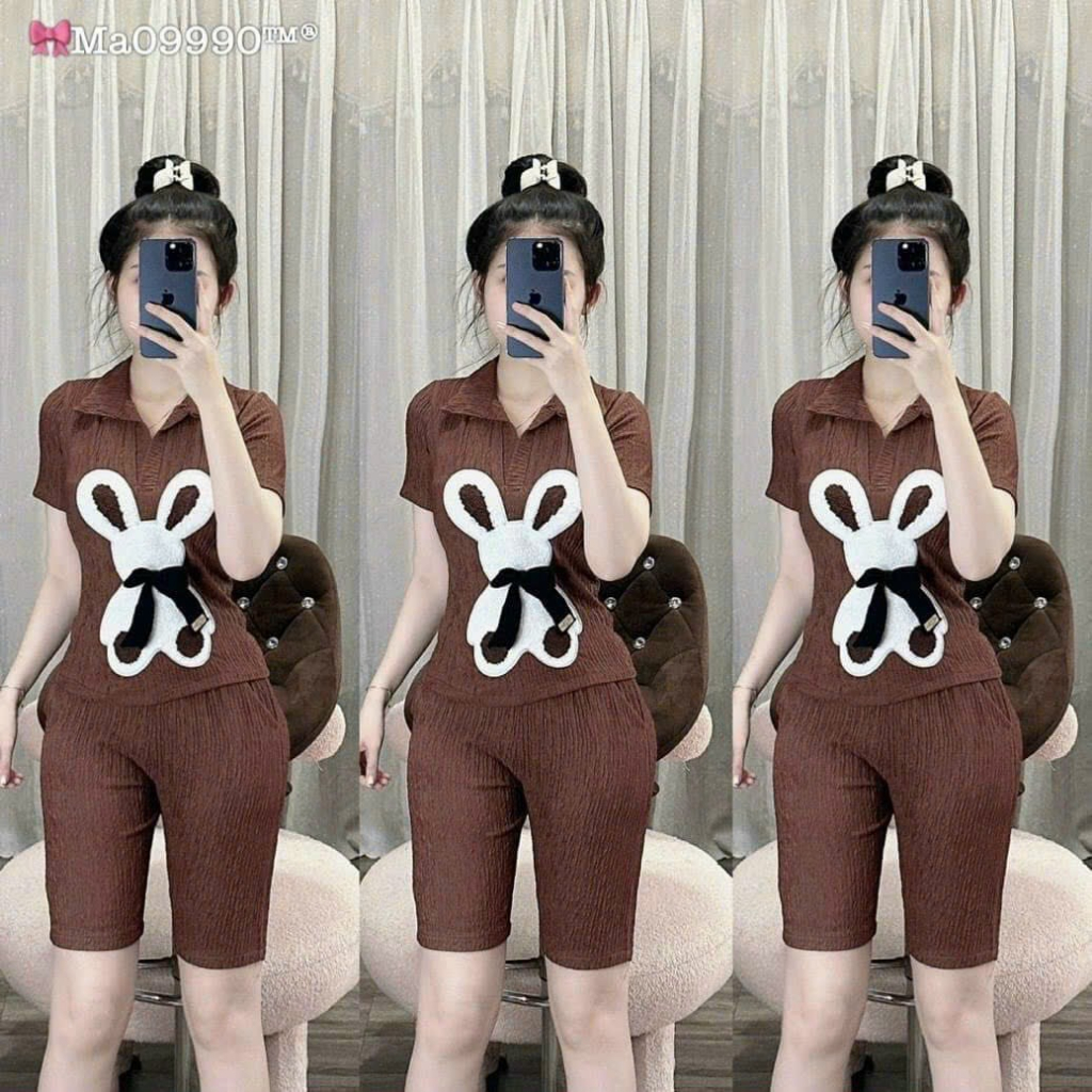 [7.7 Sales Freeship] Set bộ thun ngố cute, set thun xốp áo tay ngắn cổ bẻ in thỏ mix quần lửng ngố mặc thoải mái mtb