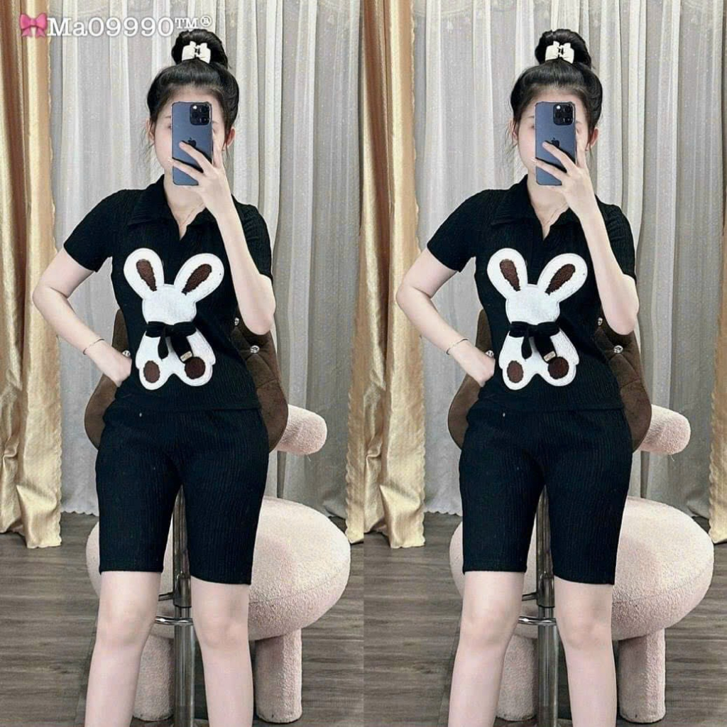 [7.7 Sales Freeship] Set bộ thun ngố cute, set thun xốp áo tay ngắn cổ bẻ in thỏ mix quần lửng ngố mặc thoải mái mtb