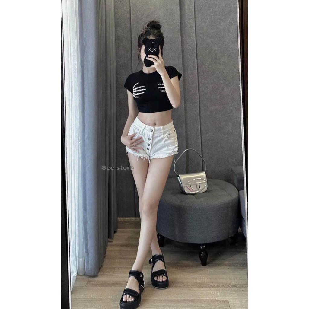 Quần short thái cài 4 nút rách tua, Quần sooc nữ khuy dọc túi 2 màu trắng đen hàng QCL1