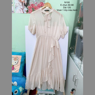 ĐẦM VOAN 1 lớp MÀU KEM CỔ CỘT NƠ PHỐI BÈO