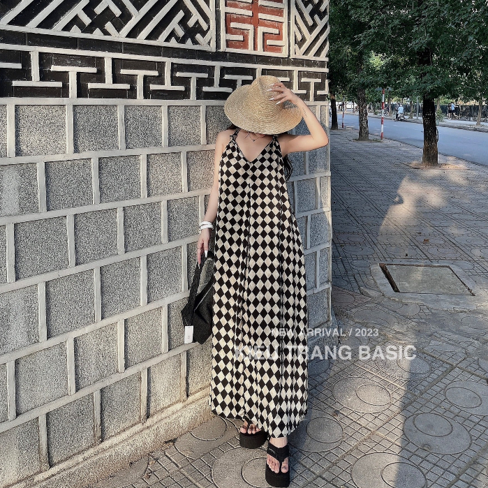 Váy Maxi Nữ Caro Cổ V Trễ Thắt Dây Lưng Cách Điệu Form To Dáng Rộng Đầm Caro Nữ Dây Buộc Lưng Cách Điệu Freesize