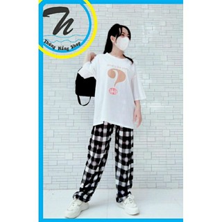 Bộ áo thun form rộng và quần ống rộng caro