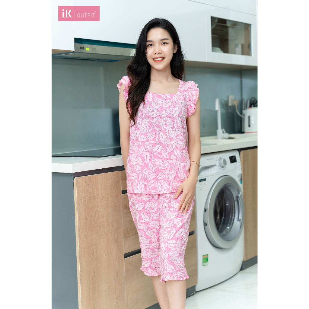 Bộ đồ mặc nhà nữ IK chất lanh quần ngố áo tay hến cổ vuông ,thấm hút mồ hôi tốt IK0006