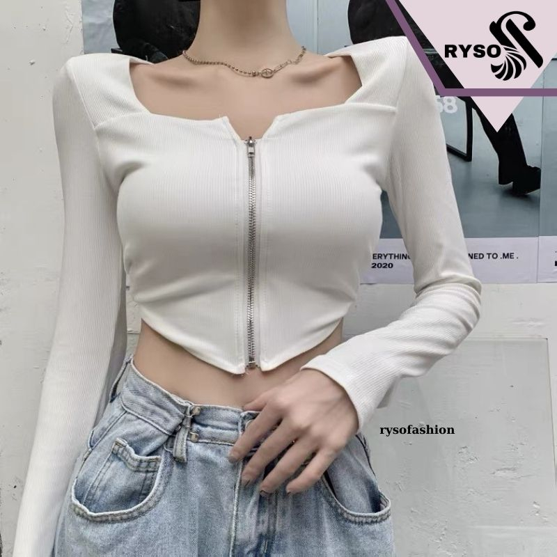 Áo Croptop Tay Dài Khoá Kéo Nữ Ôm Body RYSO FASHION Chất Thun Gân Dày Dặn