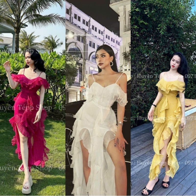 đầm maxi 2 dây bèo xẻ đùi
