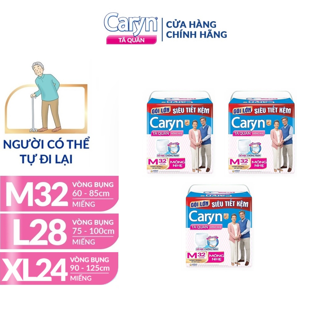 Tã quần người lớn Caryn bỉm quần gói lớn size M16 M32 XL12 Mỏng Nhẹ Chống Tràn