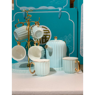 Bộ Ấm Trà Sứ viền vàng Decor cao cấp Phong Cách Bắc Âu màu xanh trắng hồng kèm khay đựng giá treo úp cốc chén ly
