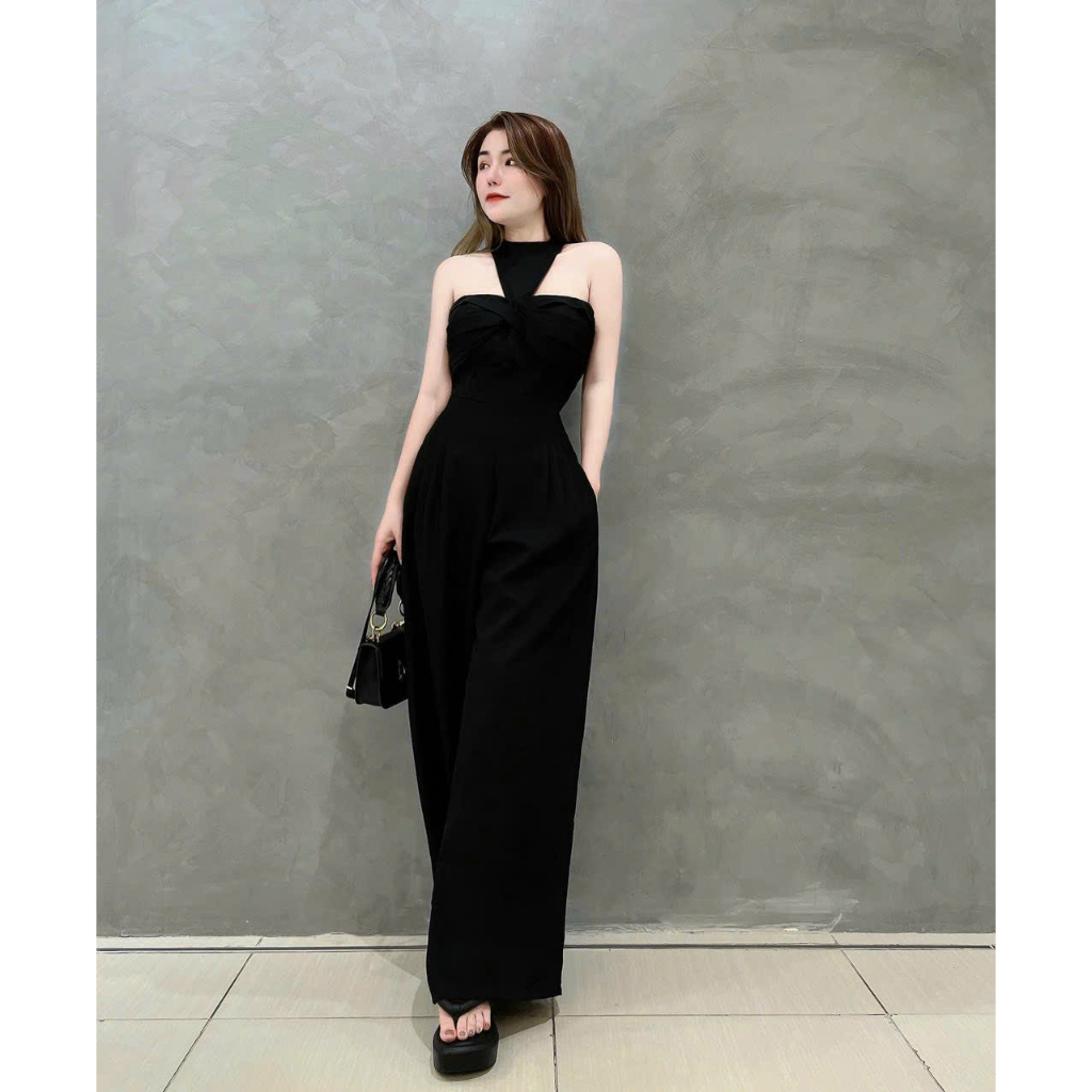 [7.7 Sales Freeship] Jumpsuilt nữ quần ống rộng cúp ngực cổ yếm, jum trơn màu đen trắng cotton lạnh sang chảnh dx