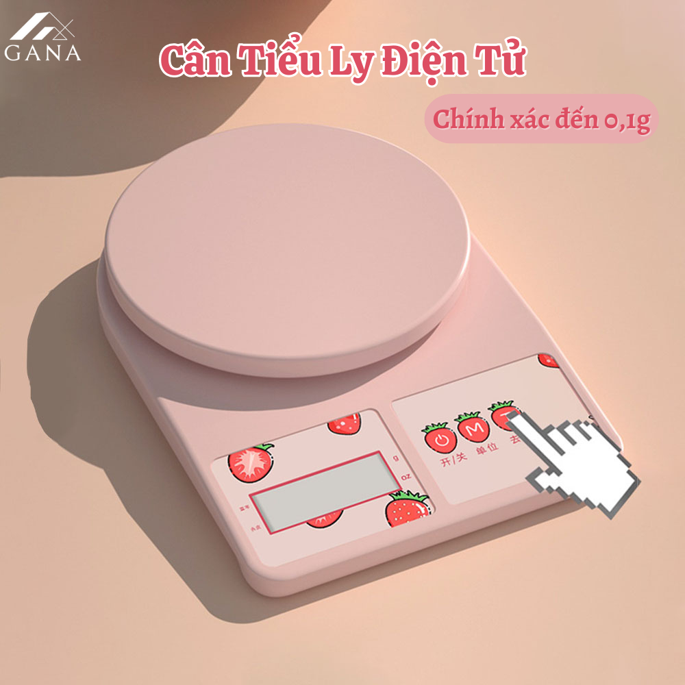 Cân tiểu ly mini màu hồng hình quả dâu độ chia 0,1g tối đa 10kg dùng pin con thỏ.