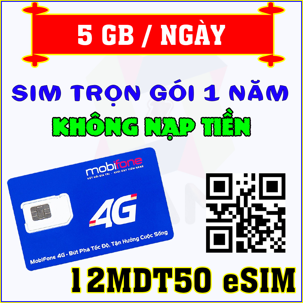 Sim 4G Mobifone 12FD50 12MDT50 5GB 1 Ngày. Sử Dụng 12 Tháng, Không Nạp Tiền