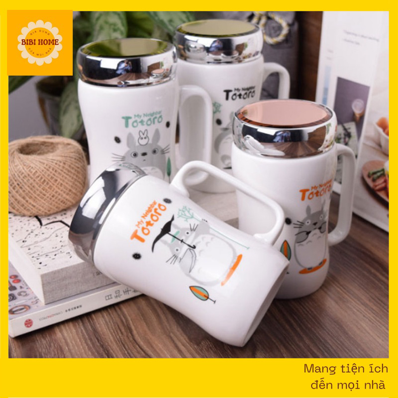 Cốc sứ có nắp tráng gương giữ nhiệt, Ly sứ có quai trắng nắp xoáy tiện lợi cho bàn làm việc
