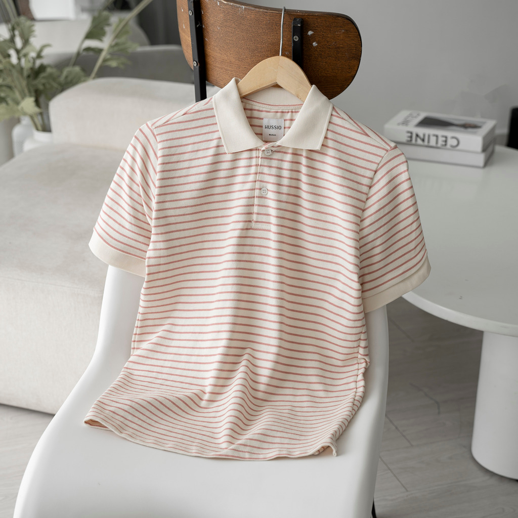 Áo Polo nam CREAM STRIPED vải Cotton Single sọc trẻ trung, thanh lịch, năng động - HUSSIO