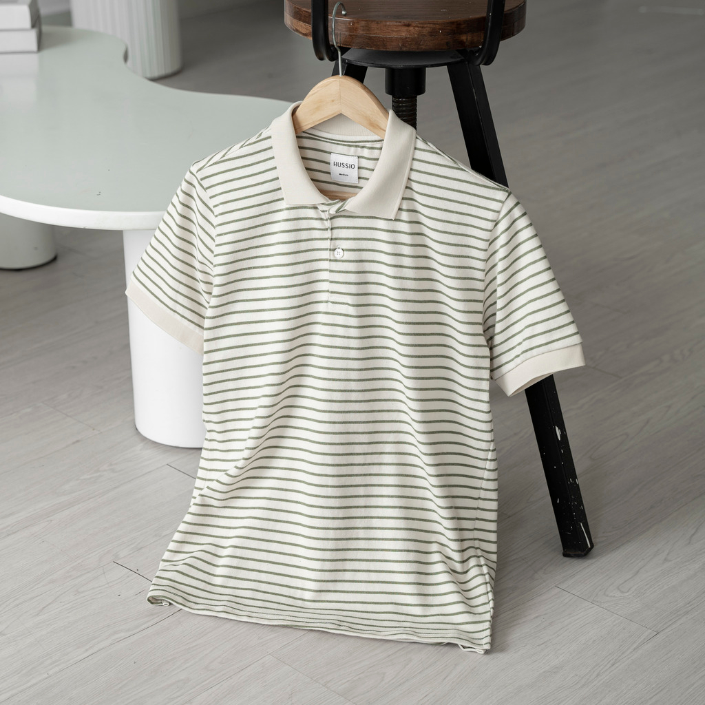 Áo Polo nam CREAM STRIPED vải Cotton Single sọc trẻ trung, thanh lịch, năng động - HUSSIO