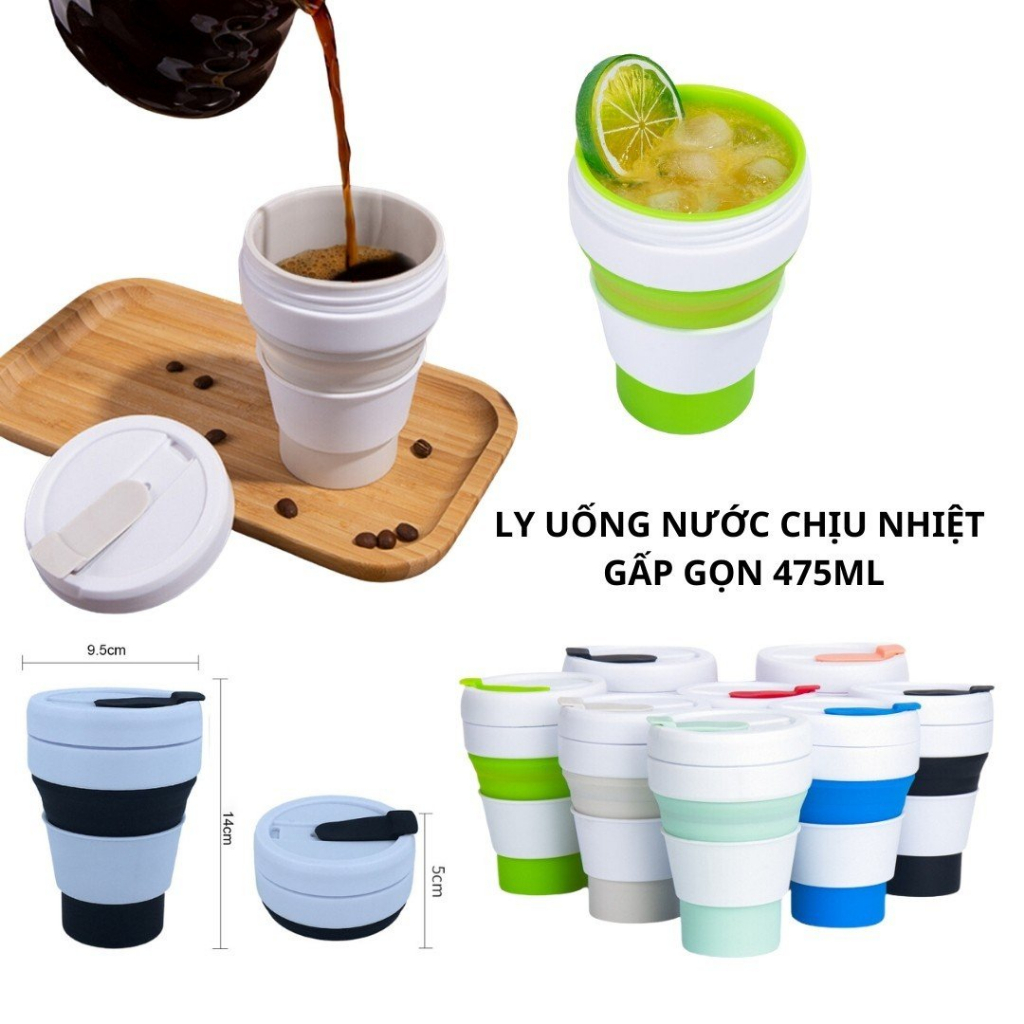 Ly uống nước silicon gấp gọn chịu nhiệt cao cấp size 475ml