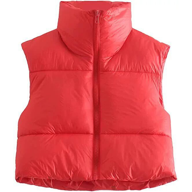 Áo Gile Phao Croptop Không Tay Phối Túi Màu Đỏ Cá Tính Unisex Nam Nữ