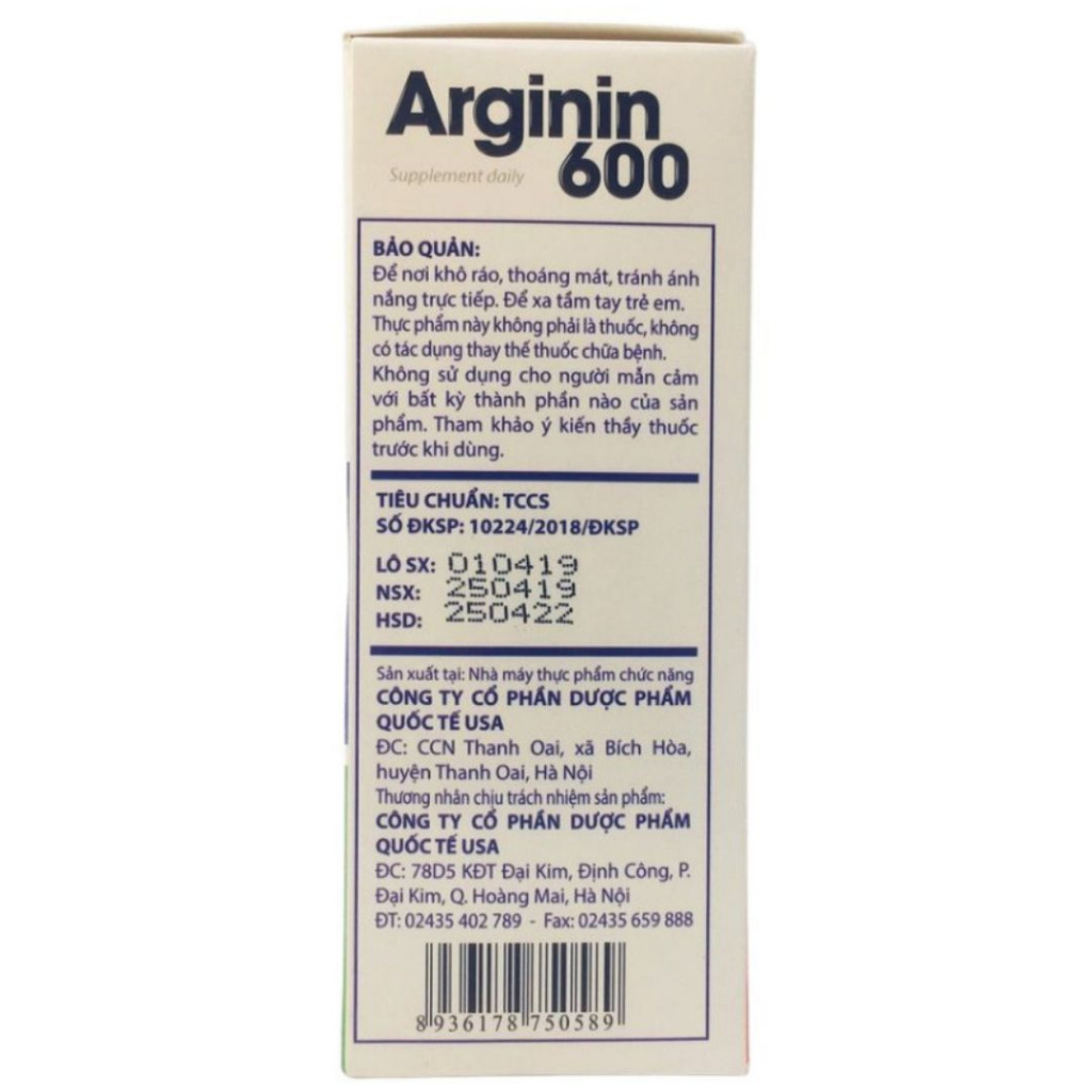 Viên uống bổ gan Arginin 600 tăng cường chức năng gan hạ men gan, giải độc gan - Hộp 100 viên