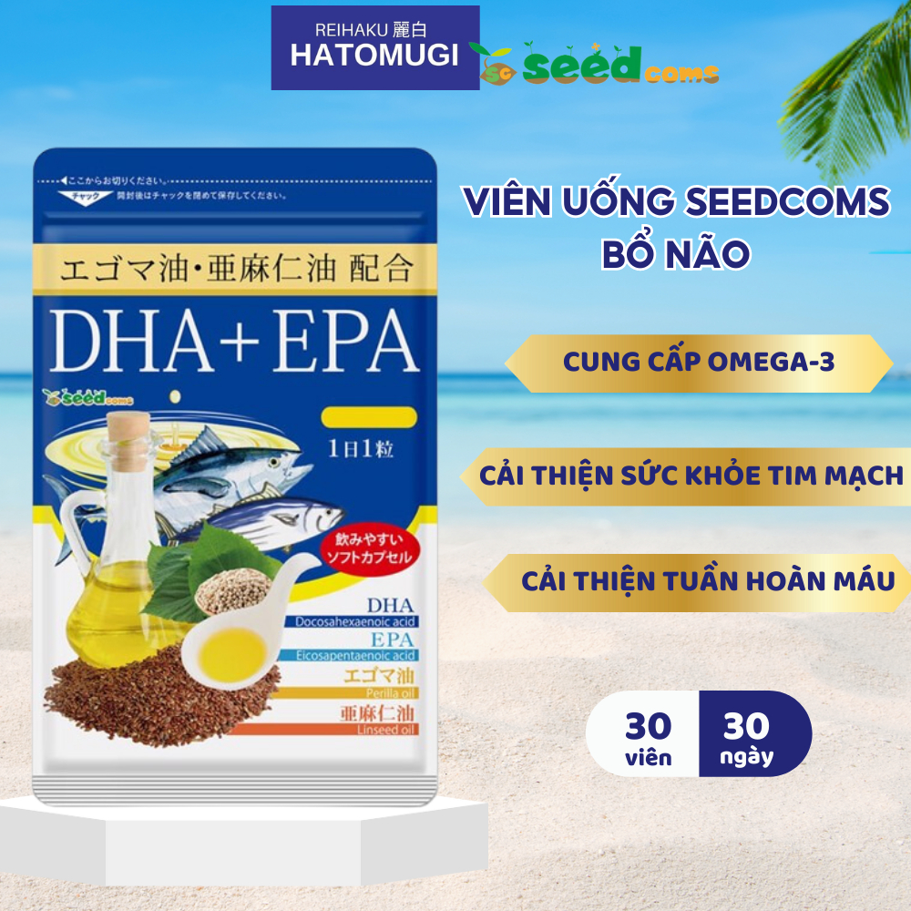 Viên uống bổ sung Dha + Epa Seedcoms Nhật Bản (+ Dầu Tía Tô, Hạt Lanh) giúp bổ não 30 viên (30 ngày) - Hatomugi