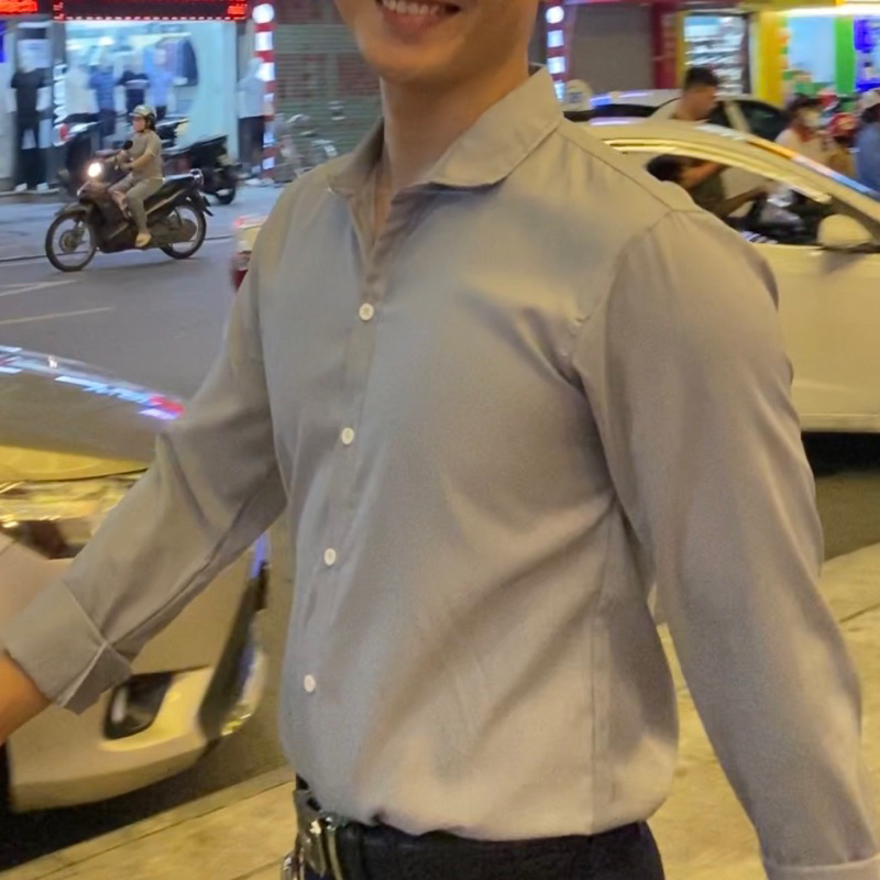 Áo sơ mi Nam trơn dài tay Xám | Chất lụa Thái, co giãn nhẹ, cổ mềm, mặc mát, thoải mái, kiểu dáng trẻ trung