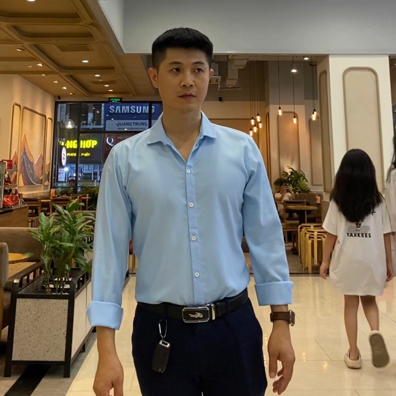 Áo sơ mi Nam trơn dài tay Xanh | Chất lụa Thái, co giãn nhẹ, cổ mềm, mặc mát, thoải mái, kiểu dáng trẻ trung