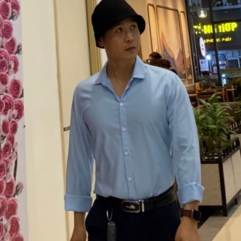 Áo sơ mi Nam trơn dài tay Xanh | Chất lụa Thái, co giãn nhẹ, cổ mềm, mặc mát, thoải mái, kiểu dáng trẻ trung