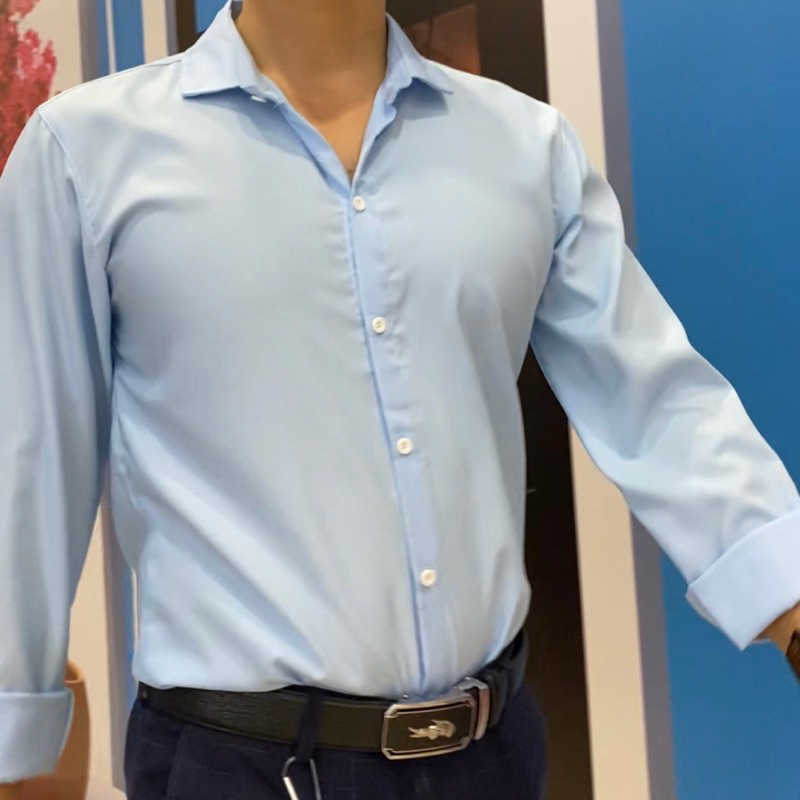 Áo sơ mi Nam trơn dài tay Xanh | Chất lụa Thái, co giãn nhẹ, cổ mềm, mặc mát, thoải mái, kiểu dáng trẻ trung