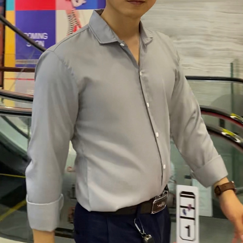 Áo sơ mi Nam trơn dài tay Xám | Chất lụa Thái, co giãn nhẹ, cổ mềm, mặc mát, thoải mái, kiểu dáng trẻ trung