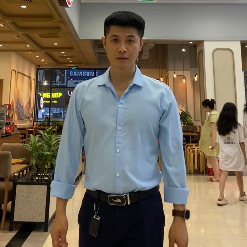 Áo sơ mi Nam trơn dài tay Xanh | Chất lụa Thái, co giãn nhẹ, cổ mềm, mặc mát, thoải mái, kiểu dáng trẻ trung