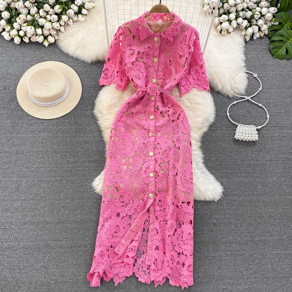 Đầm tay ngắn cổ sơ mi chất ren có lót trong tiểu thư sang trọng