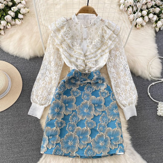#2791[Có sẵn] Đầm cổ sơ mi viền ren cao cấp tiểu thư có size siêu xinh