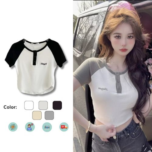 Áo thun Croptop ngắn tay cổ tròn BABYGID Nhiều Cúc Hot Trend, Áo phông cộc tay màu sắc tương phản thời trang mùa hè AP07 | BigBuy360 - bigbuy360.vn