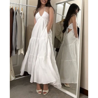 Váy đầm maxi trắng hai dây thắt cột nơ lưng điều chỉnh độ rộng đi biển, du lịch - SGGz