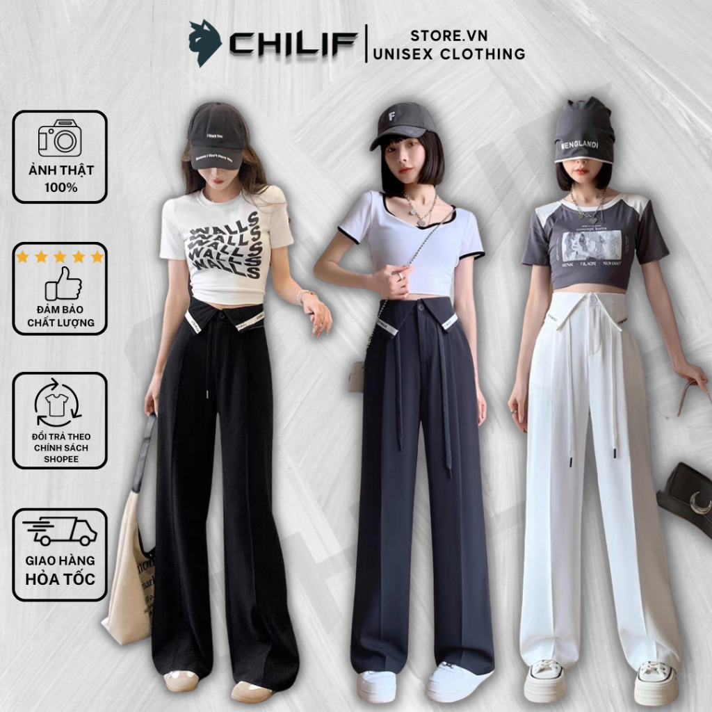 Quần ống rộng lưng cao viền in thanh lịch chất xịn mịn cao cấp siêu đẹp phong cách ulzzang [ hình thật +video CHILIF ]