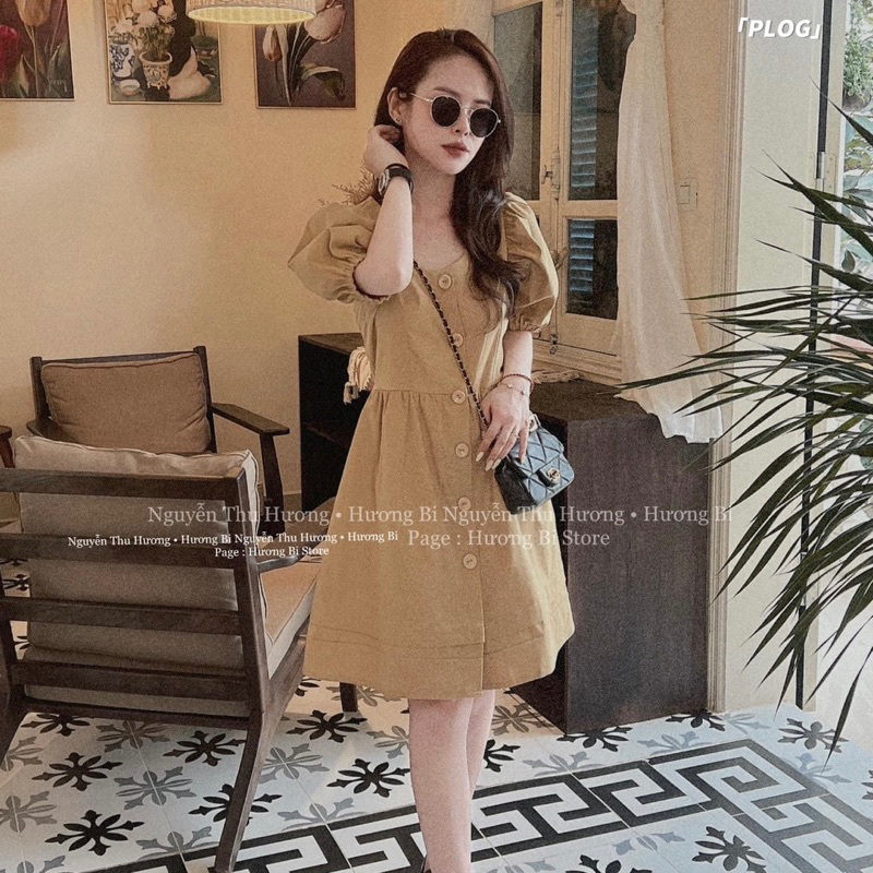 [V1.460] Váy Kaki Mềm Tay Phồng Dáng Suông Phong Cách Vintage Siêu Xinh